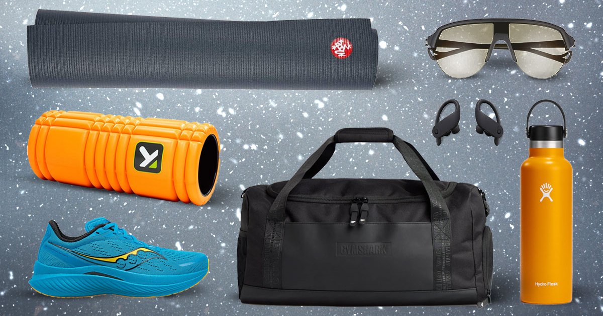 A collage of Fitness gifts on a steely grey flecked background