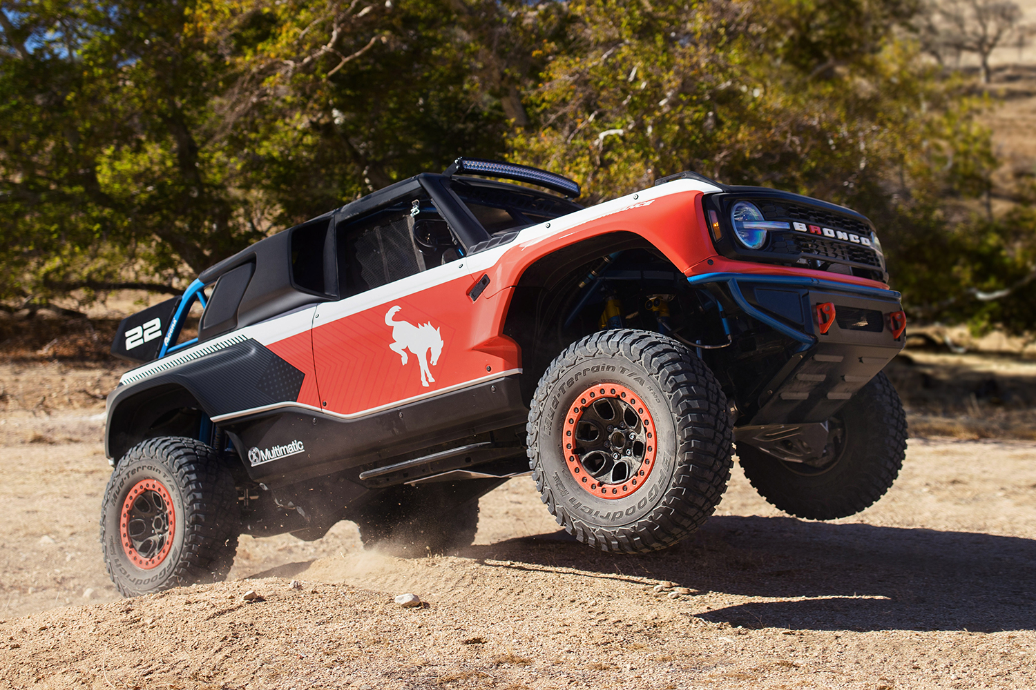 The new Ford Bronco DR, or Desert Racer, getting some airtime. The turnkey off-road racer was shown at SEMA 2021.