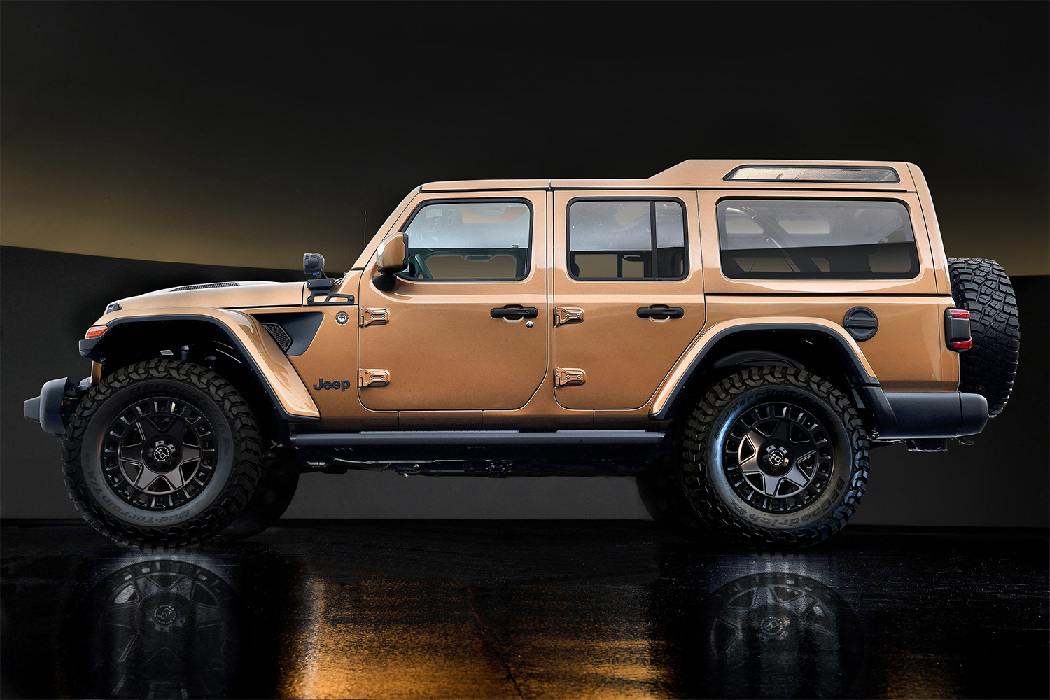The Jeep Wrangler Sahara Overlook concept vehicle built by Mopar for SEMA 2021 featuring three rows of seats