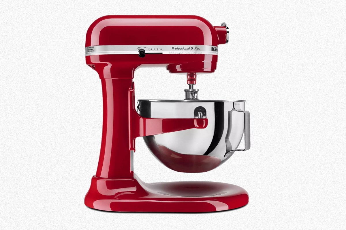 A red stand mixer from KitchenAid, the Professional 5 Plus Series 5 Quart Bowl-Lift model, on a grey background