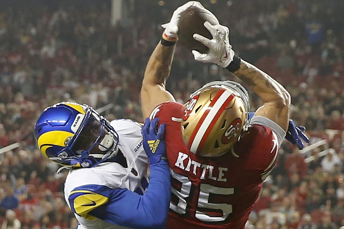 George Kittle of the 49ers catches a touchdown against the Rams. The Rams have lost two in a row, and seemingly prove that the NFL is becoming more about parity.