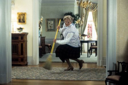 Robin Williams sweeping the floor in the movie Mrs. Doubtfire. Property values have increased substantially around the location of the movie's house.