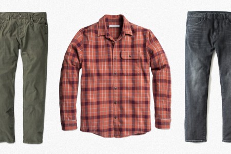 Outerknown Townes Cord Pants, Rambler Shirt and SEA Jeans, all of which are on sale during Kelly Slater's brand's November 2021 Warehouse Sale