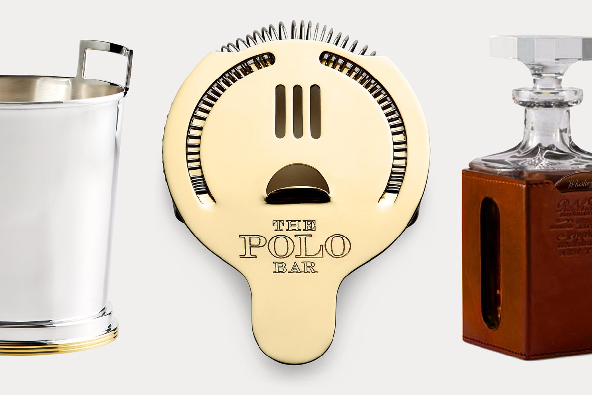 A Polo Bar cocktail strainer, a silver-plated brass ice bucket and a leather-wrapped decanter from Ralph Lauren, all of which are on sale