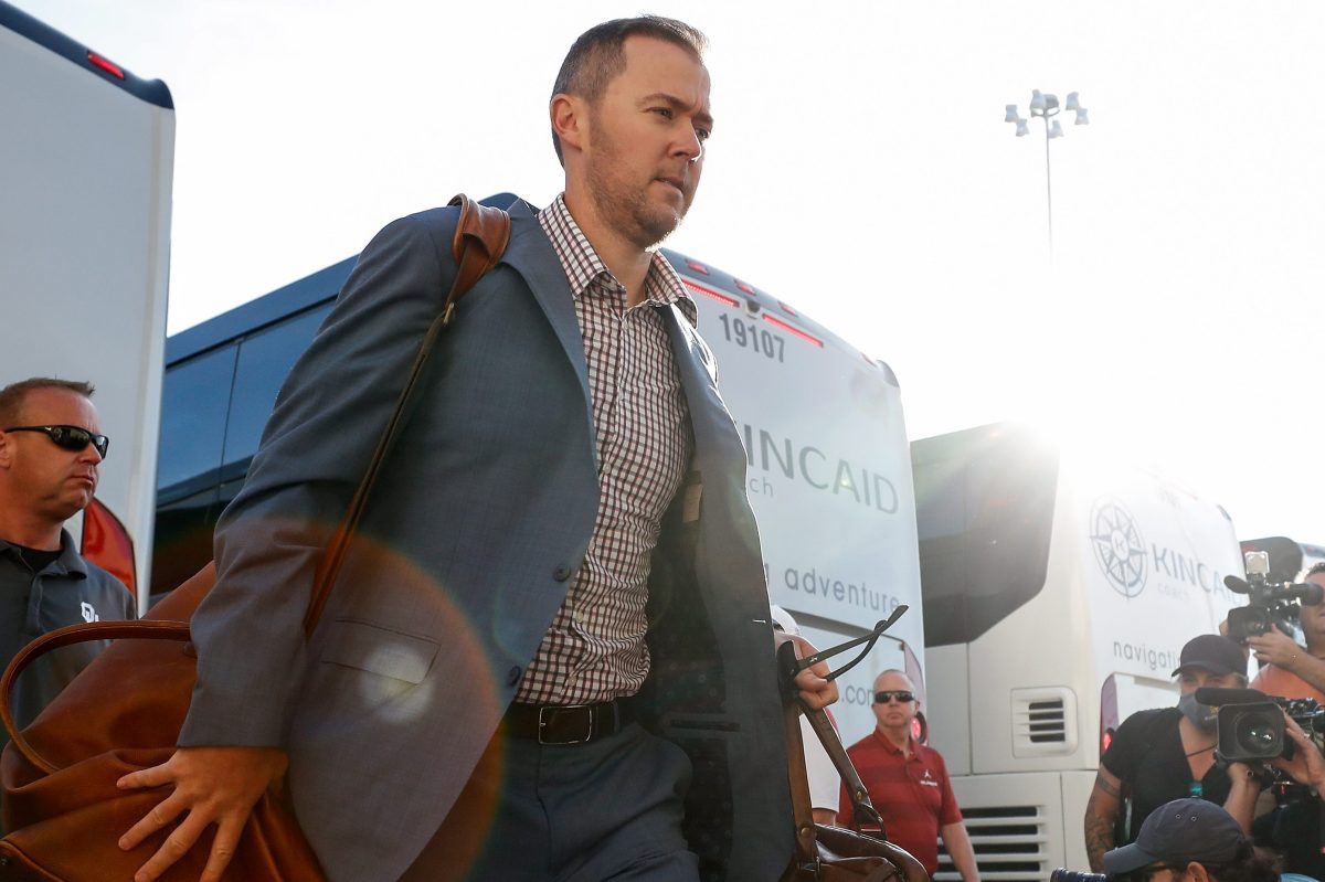 Head coach Lincoln Riley arrives before the 2021 AT&T Red River Showdown