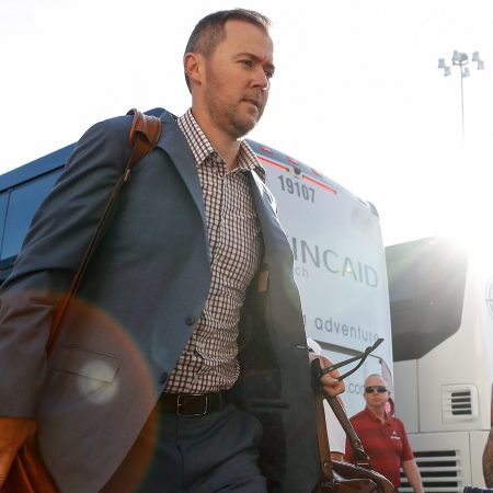 Head coach Lincoln Riley arrives before the 2021 AT&T Red River Showdown