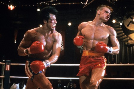 Rocky Balboa (played by Sylvester Stallone) punching Ivan Drago (played by Dolph Lundgren) in the movie Rocky IV, which is being re-released in November 2021