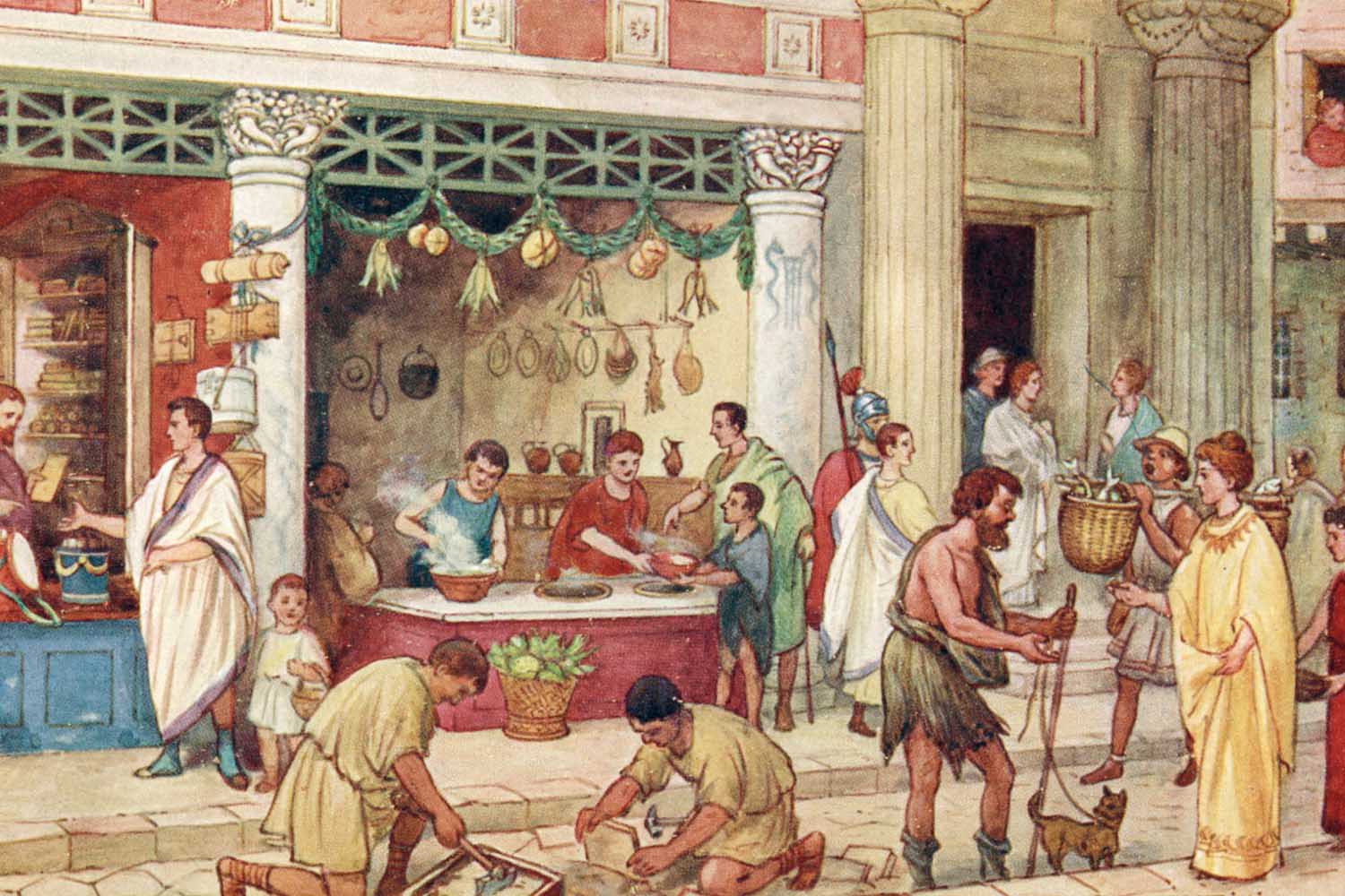 The Roman Empire - street scene with vendors. Produce, food, crafts, market, book seller, merchant, merchants, guard, guards, toga, togas.