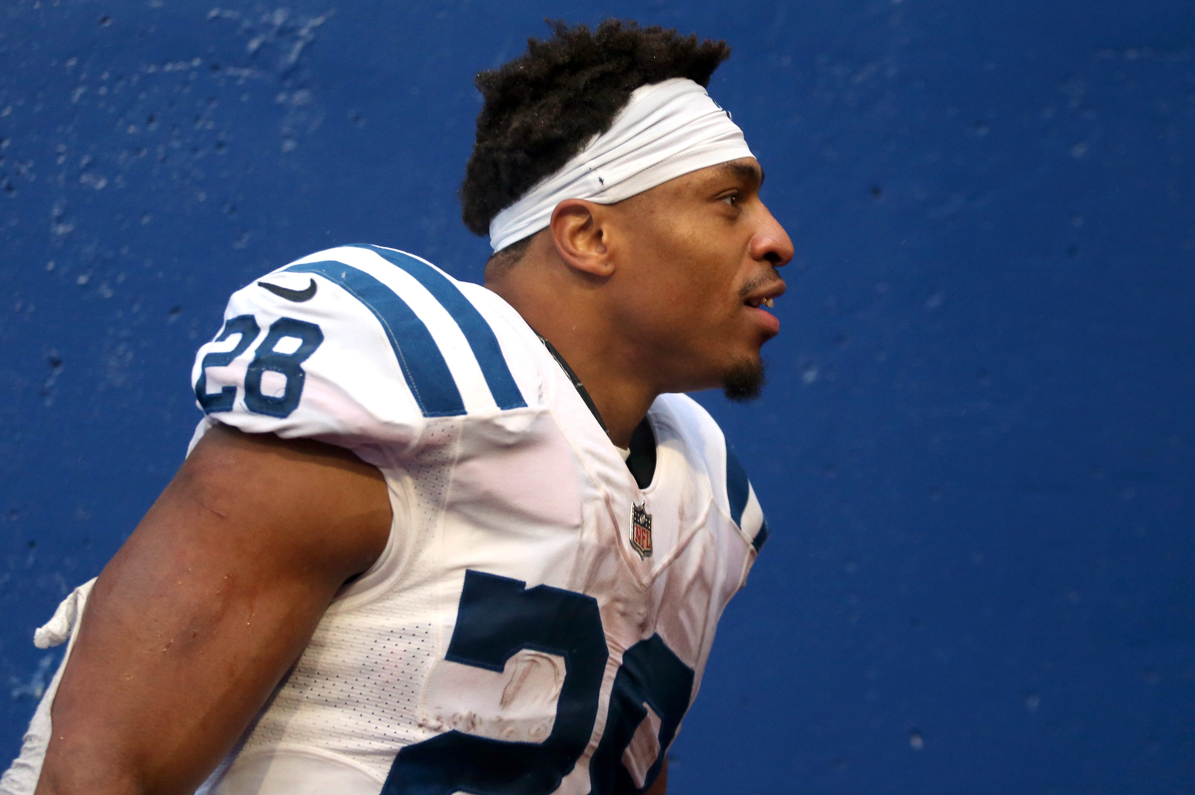 Jonathan Taylor of the Indianapolis Colts runs into the tunnel after a win over the Buffalo Bills