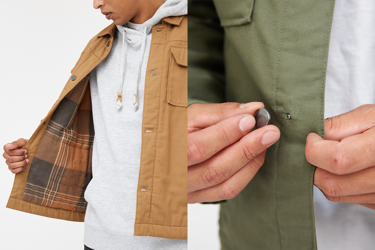 The details of the Tentree jacket, the left image in brown showing the flannel lining and the right image showing the removable metal buttons in a green jacket