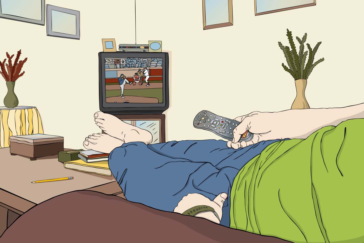 Illustration of man lying on the couch and watching a baseball game.