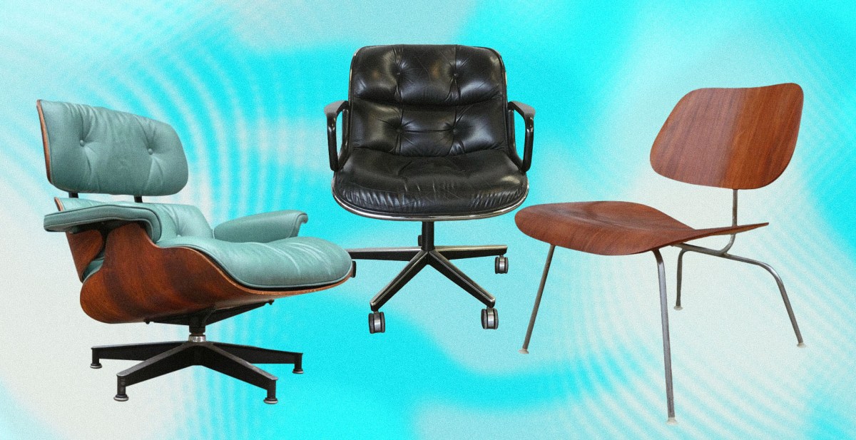 An Eames Lounge Chair, Eames Pollock Desk Chair and Eames LCM Chair, all restored by Patina NYC