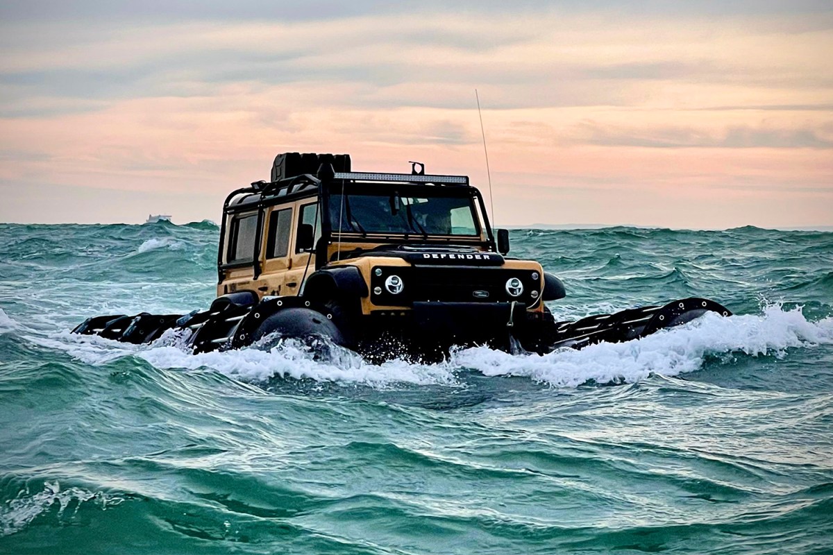 A Land Rover Defender 110 from the DefenderX expedition driving through the English Channel in October 2021. We interviewed team lead Jeff Willner about the overland expedition.