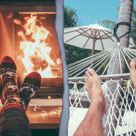 Side-by-side photos show a pair of feet in front of a fire place and stretched out on a hamock at the beach