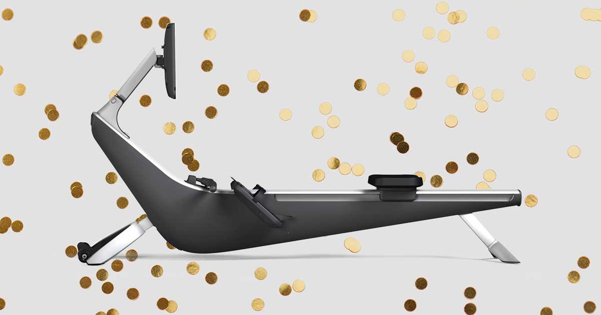 The Hydrow Rower, now $500 off for Black Friday, on a confetti background.