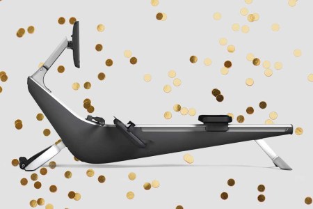 The Hydrow Rower, now $500 off for Black Friday, on a confetti background.