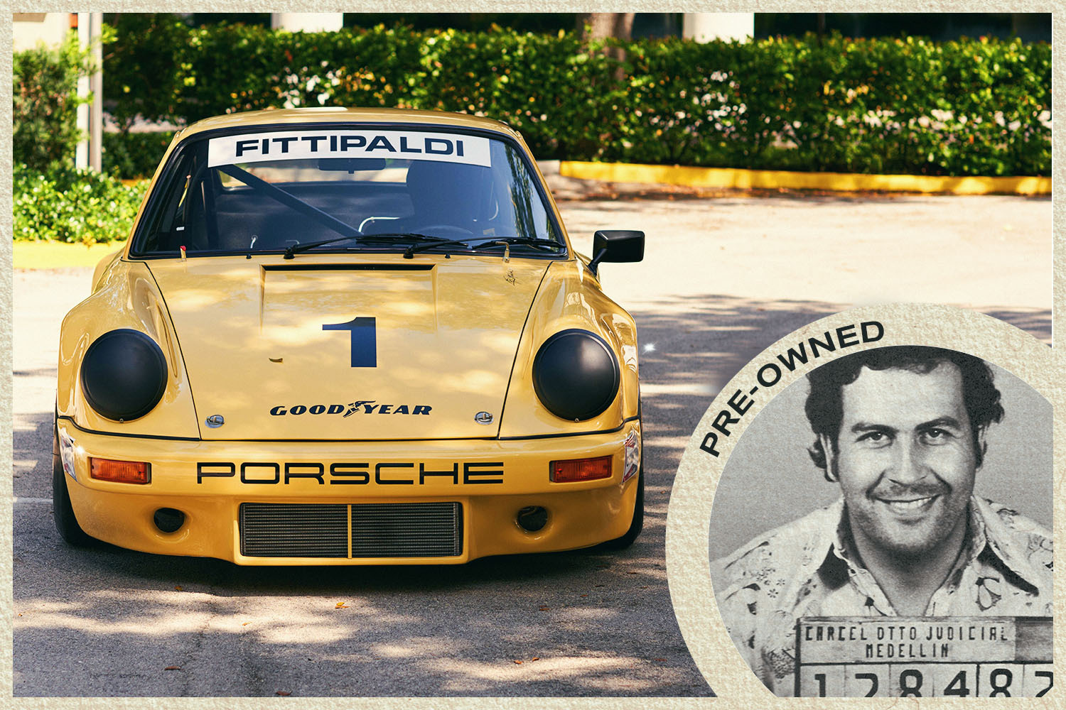 The Porsche 1974 911 RSR IROC once owned by Pablo Escobar, and recently up for auction at Collecting Cars in 2021. In the corner is the iconic mugshot of Escobar in 1976.