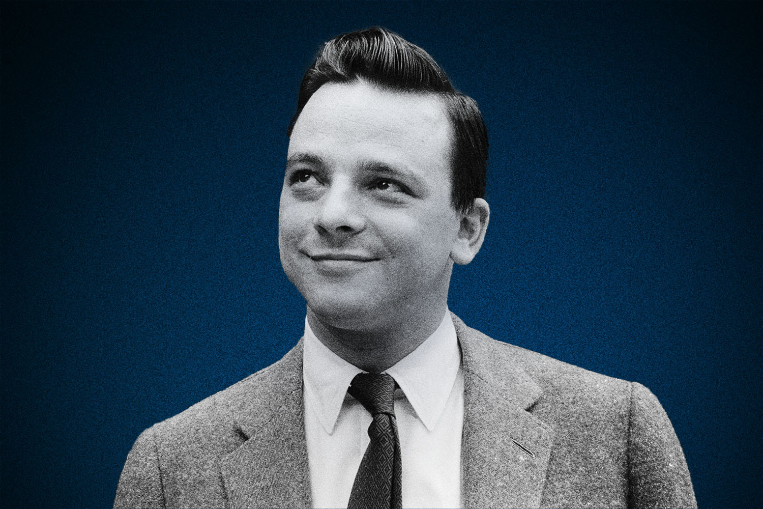 A young Stephen Sondheim in 1962 wearing a suit and tie with his hair slicked. The black and white photo shows him the year he released "A Funny Thing Happened on the Way to the Forum." He died last month in November 2021.