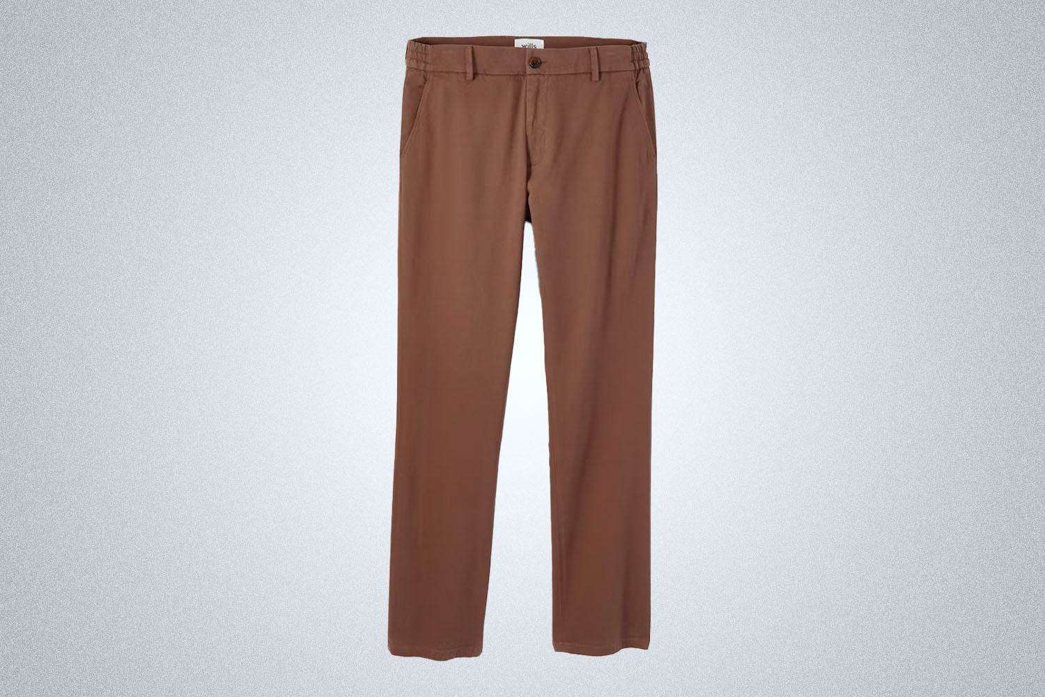 a pair of brown Wills trousers on a grey background