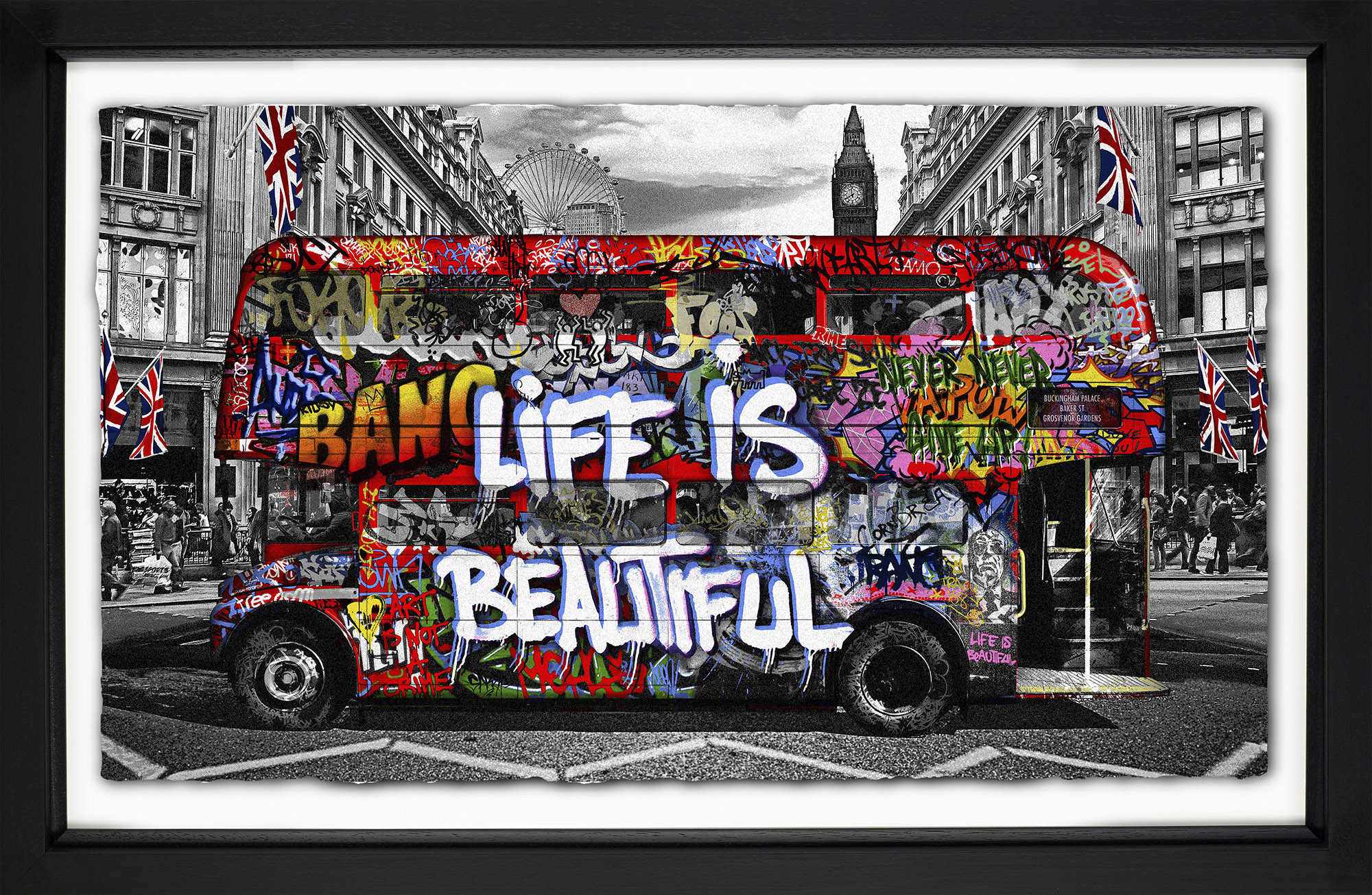 A painting of a double decker bus from Mr. Brainwash's installation at Battersea Power Station