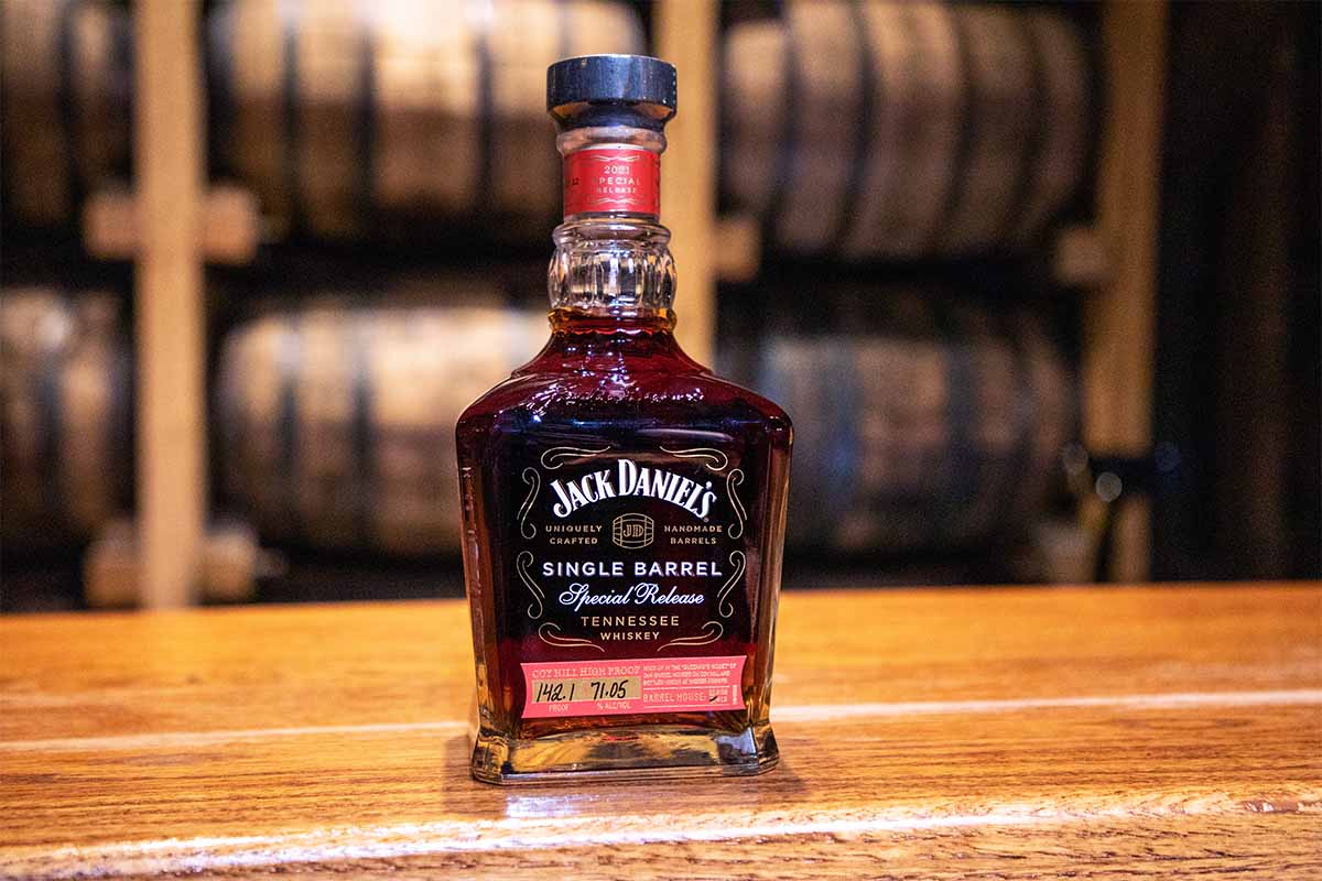 A bottle of the new Jack Daniel's 2021 Single Barrel Special Release Coy Hill High Proof, sitting on a table