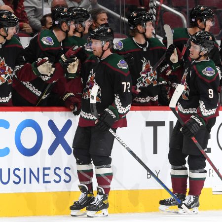 Travis Boyd of the Arizona Coyotes celebrates with teammates on the bench after scoring a goal at Gila River Arena