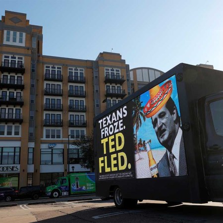 A digital billboard truck with an image of U.S. Sen. Ted Cruz (R-TX) sits in a parking lot near Senator Cruz's home on February 19, 2021 in Houston, Texas. Ted Cruz is facing criticism after he left Texas to go to Cancun, Mexico with his family during an unprecedented winter storm that brought freezing temperatures and widespread power outages throughout the state.