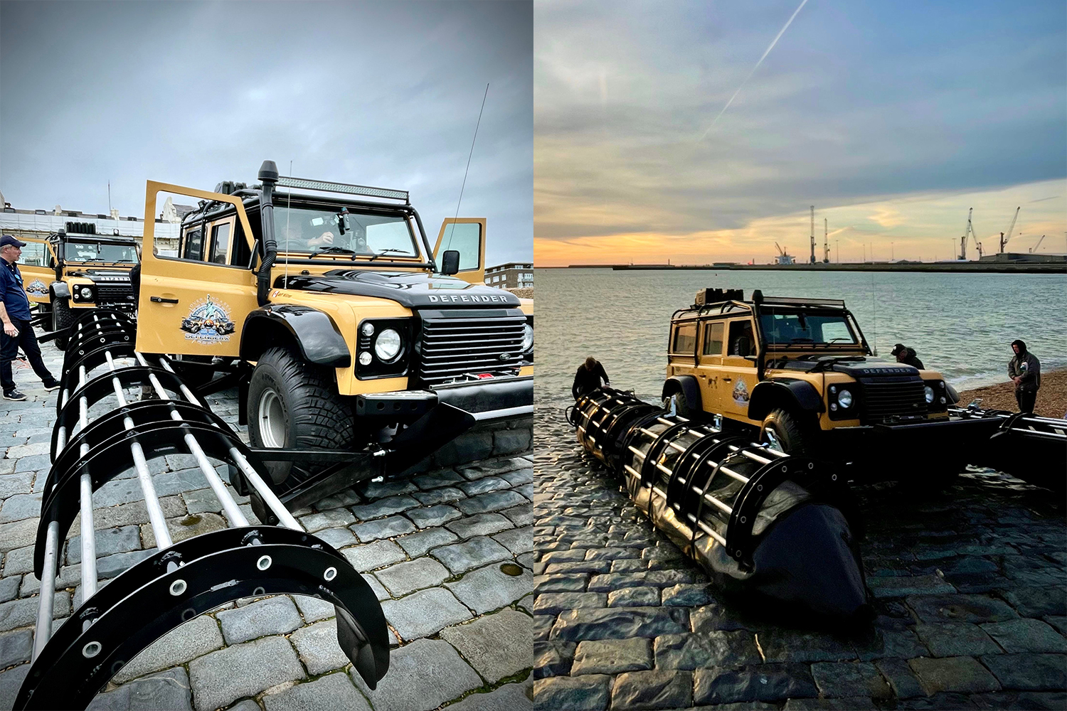 The Land Rover Defender 110s from the DefenderX expedition, attempting to go from London to New York, with their proprietary pontoon flotation devices. Here they attempt to cross the English Channel in October 2021.
