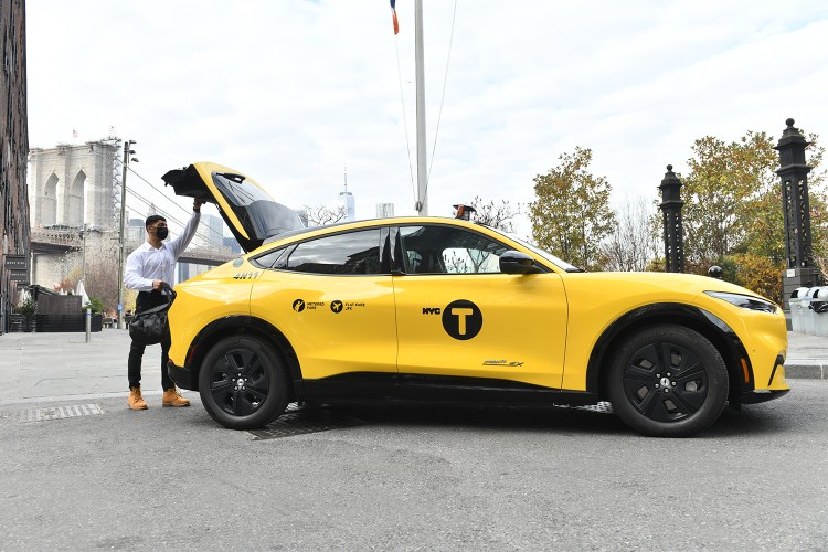 The new Ford Mustang Mach-E NYC taxi. The yellow cab comes courtesy of EV taxi startup Gravity and began service on December 20, 2021.