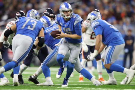 Jared Goff of the Detroit Lions looks to hand off the ball. The Lions, winless, somehow still have a shot of making the playoffs.