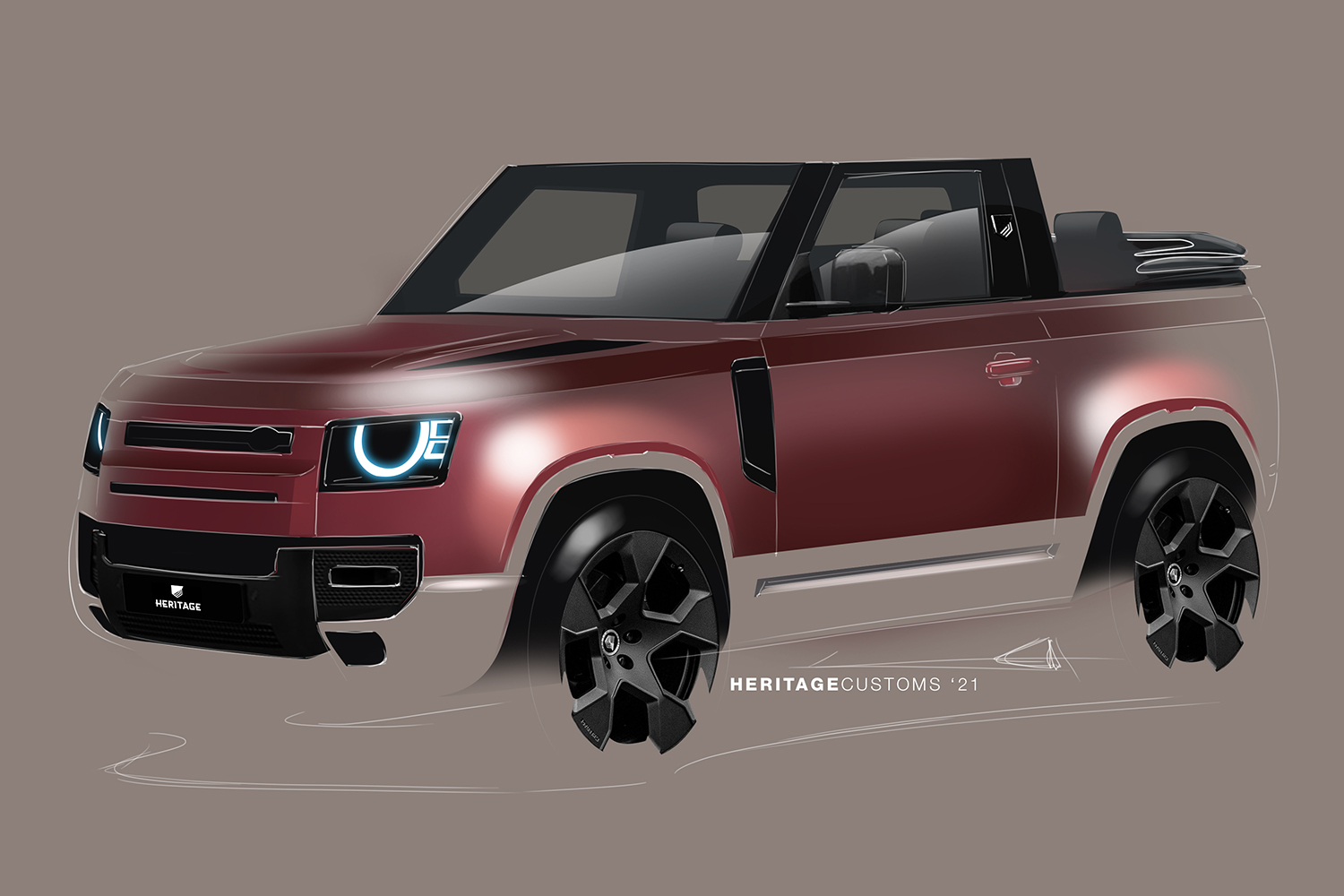 A drawing of the new Valiance Convertible from Heritage Customs, a new Land Rover Defender 90 with a soft top that's available in 2022