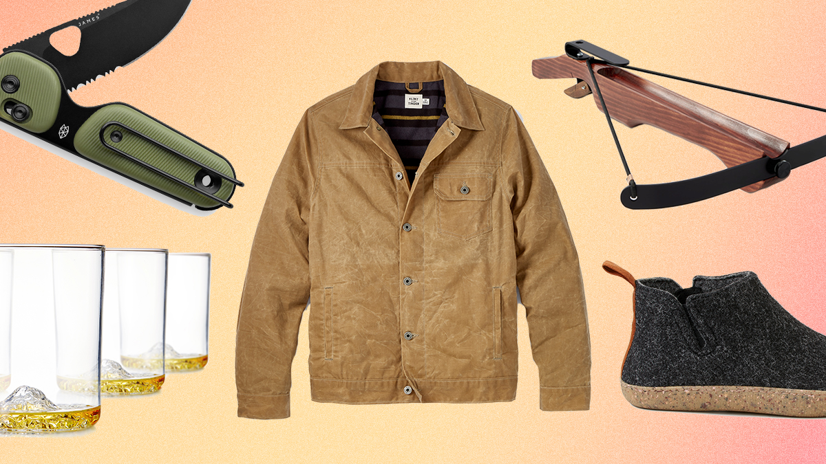 Five gifts you can still order from Huckberry in time for Christmas 2021, including a Flint and Tinder Waxed Trucker Jacket, Whiskey Peaks glasses, a marshmallow crossbow, Greys slipper boot and the Redstone knife from The James Brand