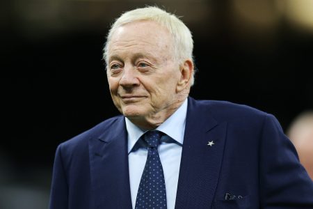 Dallas Cowboys owner Jerry Jones looks over warmups before a game. Jones may watch NFL games in the nude.