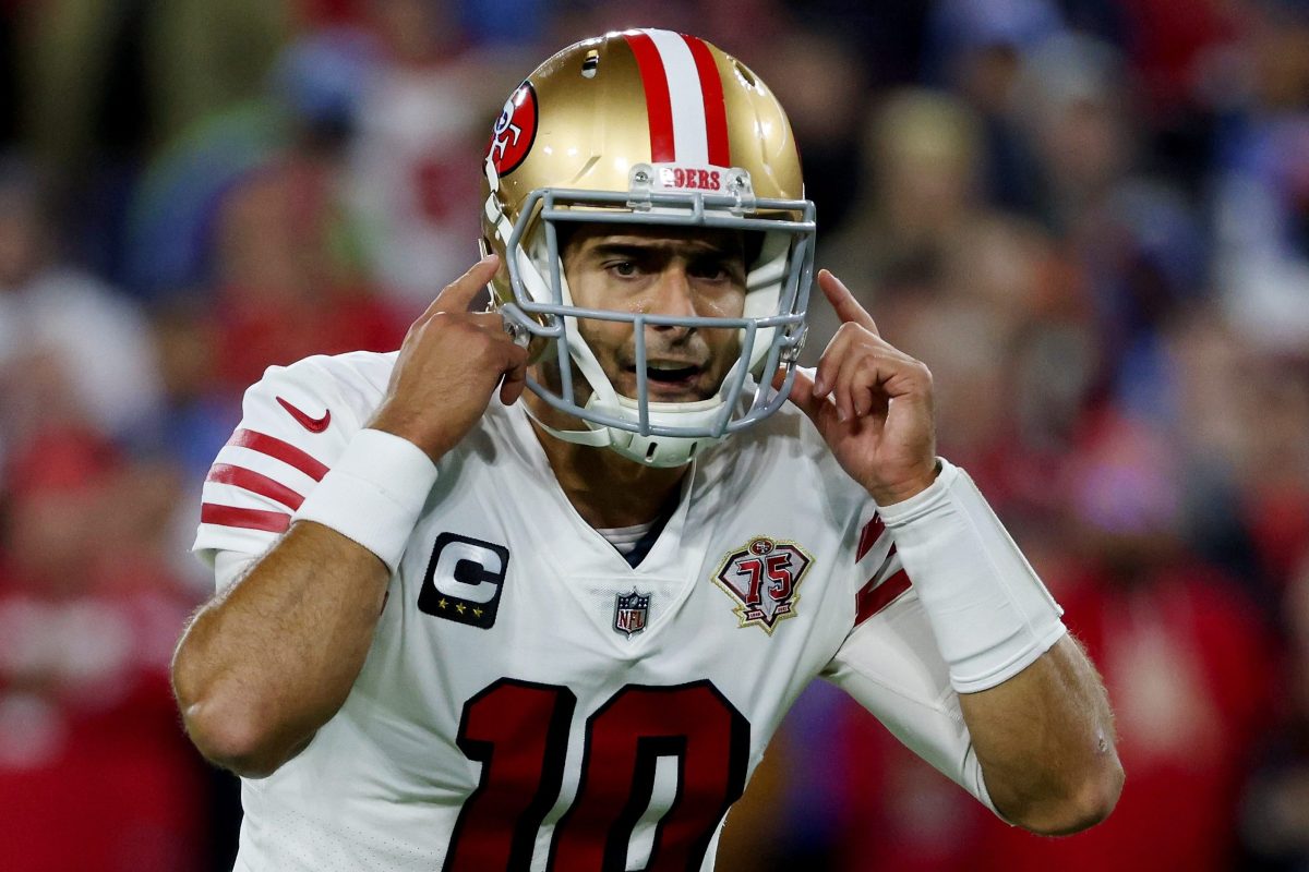 Jimmy Garoppolo of the San Francisco 49ers calls out instructions against the Tennessee Titans