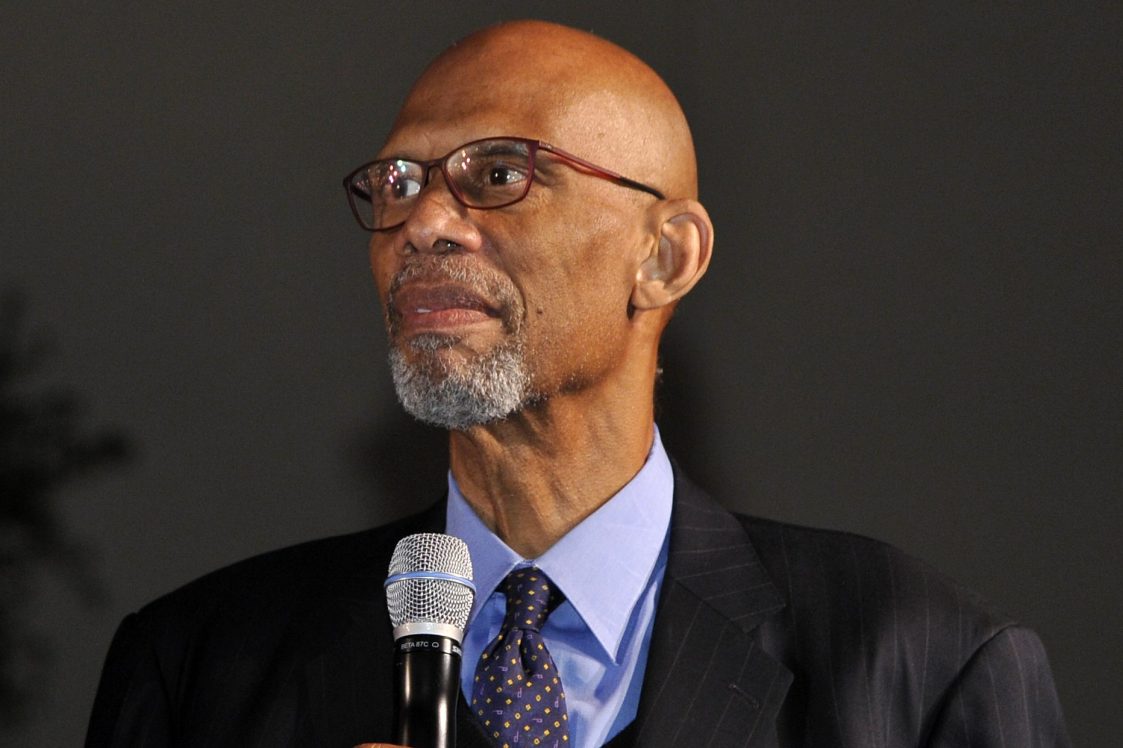 Kareem Abdul-Jabbar speaks at Sony Pictures Studios in Culver City, California. The NBA legend recently criticized LeBron James for sharing a meme comparing Covid to the flu.
