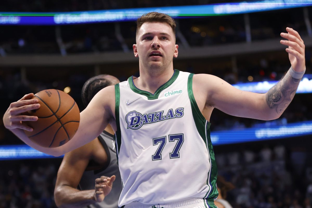 Luka Doncic of the Dallas Mavericks reacts after being fouled