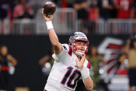Mac Jones of the Patriots throws a pass against the Atlanta Falcons. Jones has filed for Tom Brady-esque "MJ10" trademark