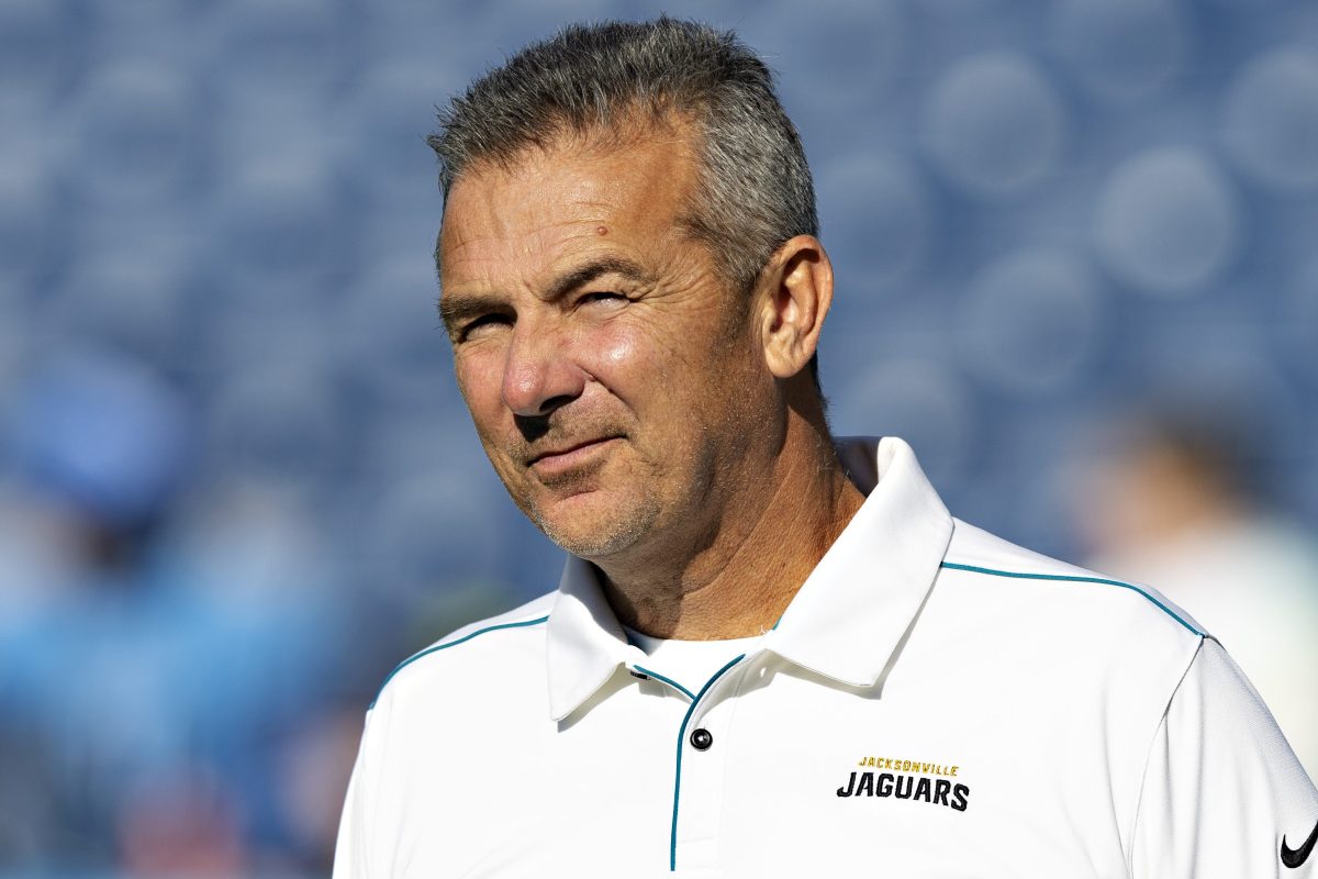 Fired Jacksonville Jaguars coach Urban Meyer on the field. The coach was let go in December 2021.