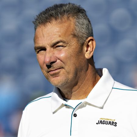 Fired Jacksonville Jaguars coach Urban Meyer on the field. The coach was let go in December 2021.