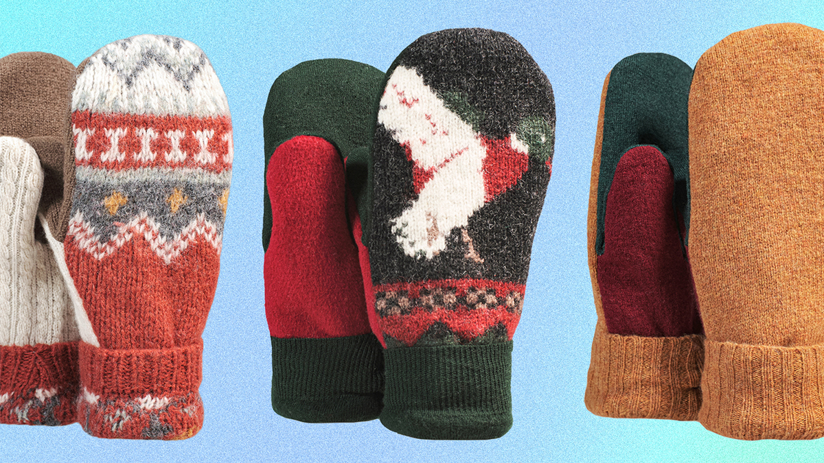 Three pairs of upcycled mittens from Outerknown's Project Vermont. They're made of repurposed wool sweaters by Lise-Anne Cooledge and her team of crafters, and inspired by the Bernie Sanders mitten meme.