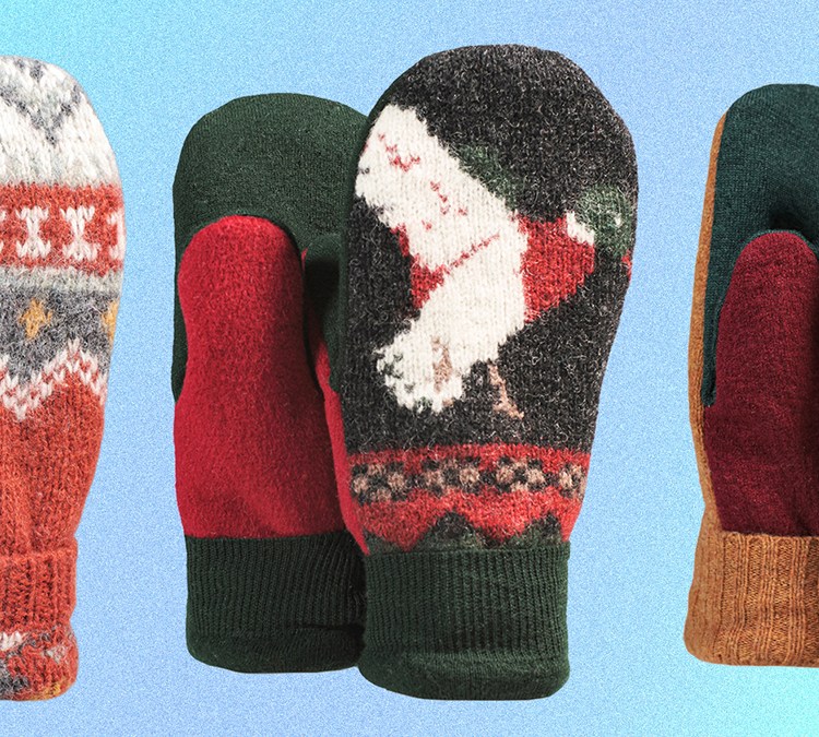Three pairs of upcycled mittens from Outerknown's Project Vermont. They're made of repurposed wool sweaters by Lise-Anne Cooledge and her team of crafters, and inspired by the Bernie Sanders mitten meme.