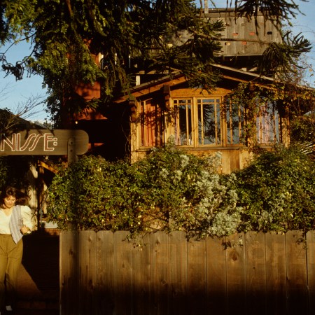 American chef and restaurateur Alice Waters stands outside of Chez Panisse in Berkeley in 1982