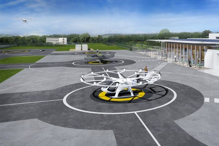 A rendering of electric flying taxis at Paris-Charles de Gaulle Airport that could come to fruition for the 2024 Summer Olympics in Paris