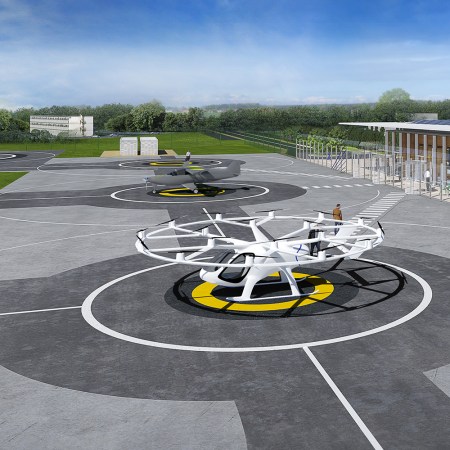 A rendering of electric flying taxis at Paris-Charles de Gaulle Airport that could come to fruition for the 2024 Summer Olympics in Paris