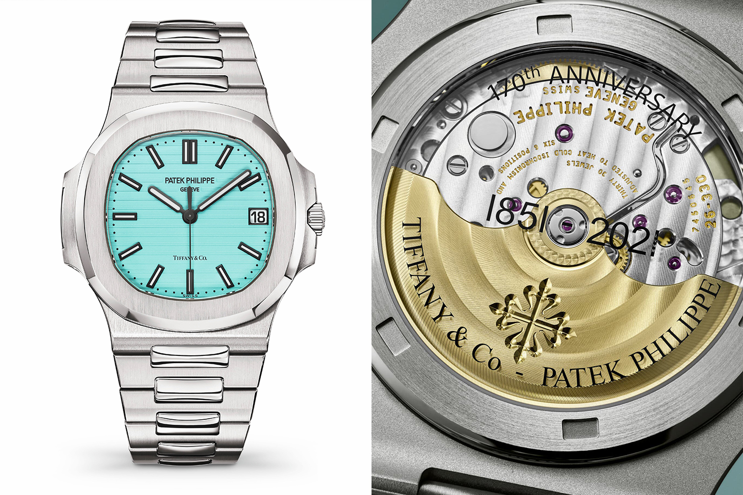 The double signed Patek Philippe Nautilus ref. 5711 and Tiffany & Co. watch, on the left showing the Tiffany Blue dial and on the right showing the see-through caseback with an Easter egg in the year 2021