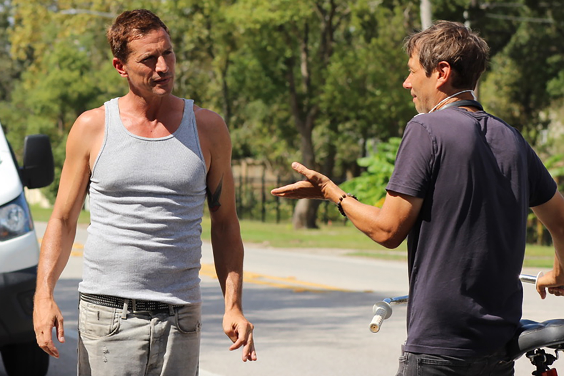Simon Rex and Sean Baker on the set of "Red Rocket"