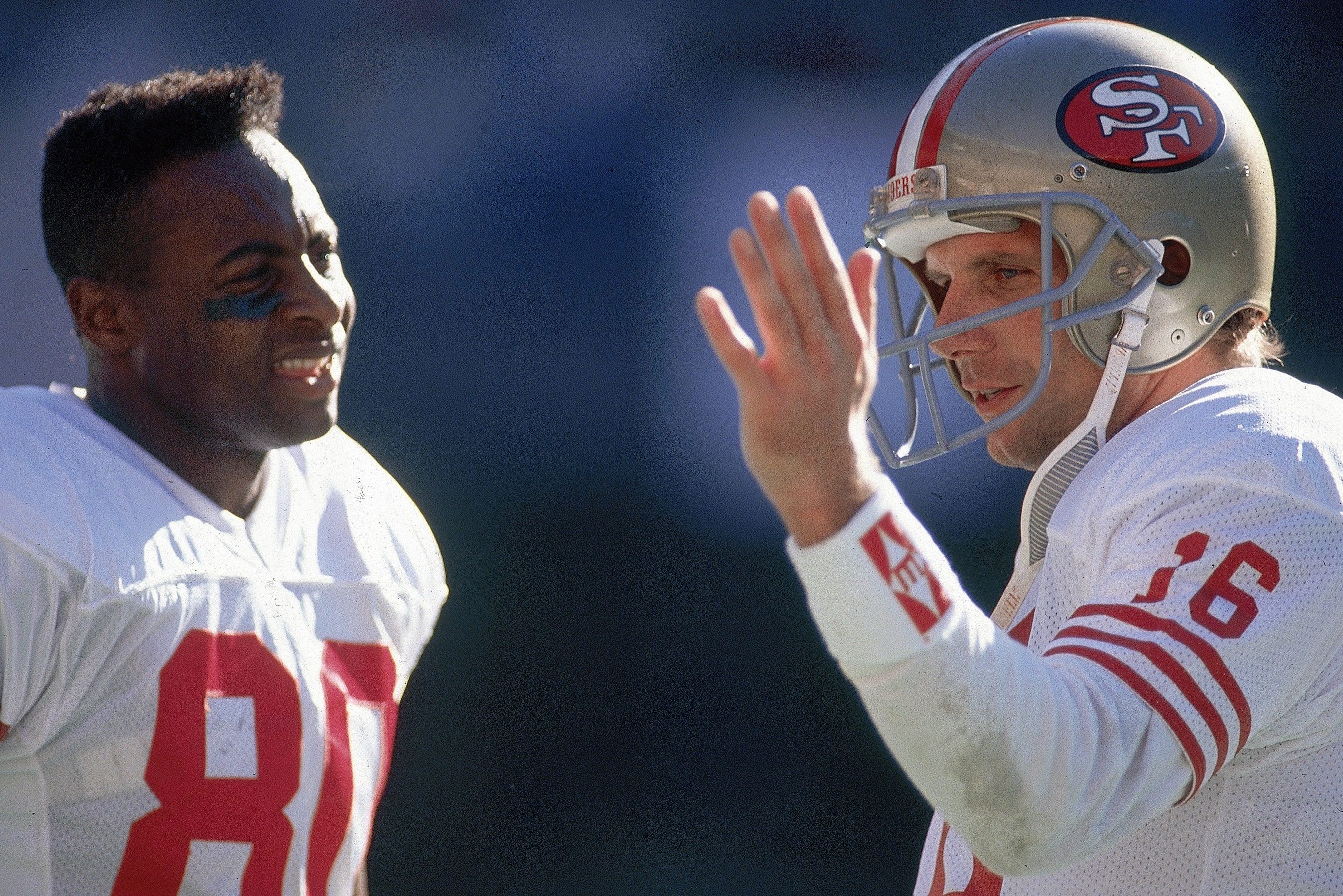 Jerry Rice and Joe Montana on the sidelines during a 1990 game vs Cincinnati Bengals