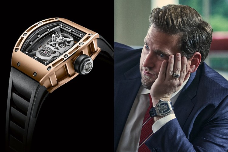 A Richard Mille RM 052 skull watch on a black background on the left, and Jonah Hill wearing a fake version of the timepiece in the movie "Don't Look Up" from 2021