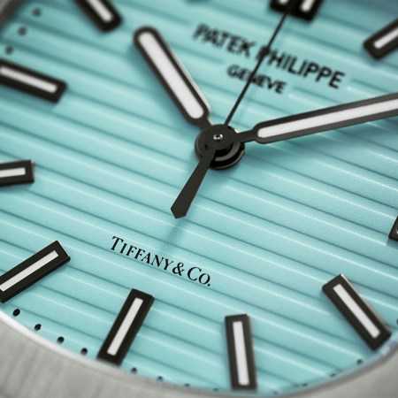 A close-up of the Tiffany Blue dial on the new limited-edition Patek Philippe Nautilus ref. 5711, the last of the iconic timepieces, released in December 2021