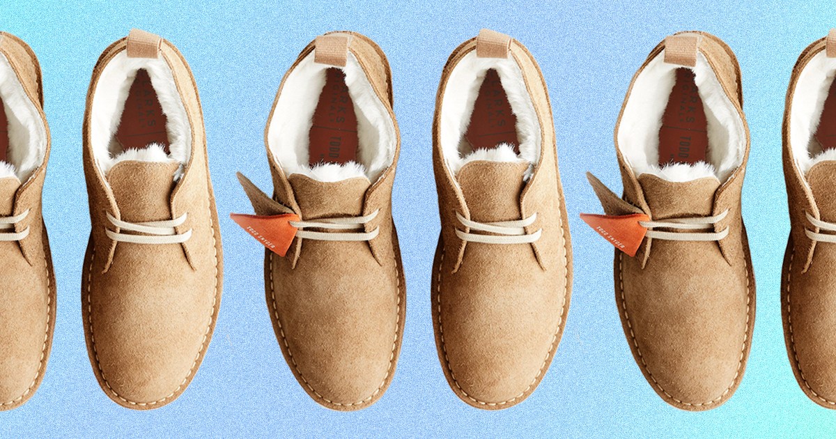 Shearling Clarks Desert Boots from a new collab with Todd Snyder. The shearling lining is seen from above in the brown Desert Boot, available as of December 2021.